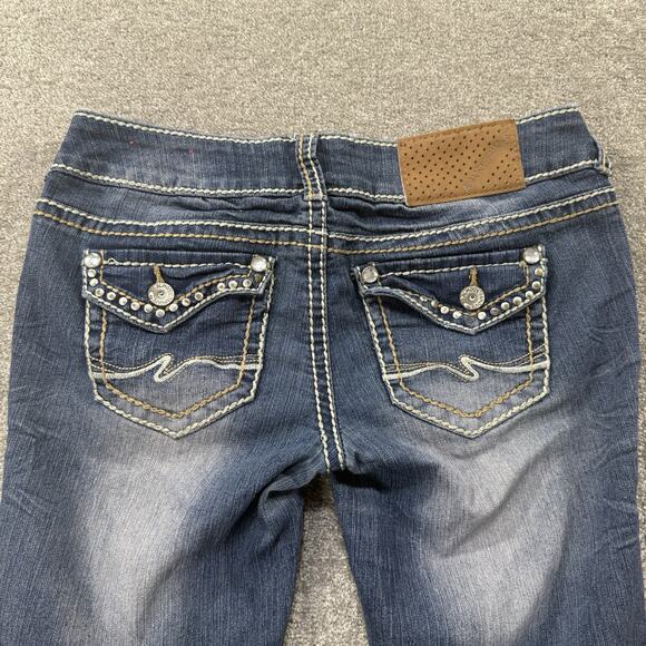 Almost Famous Womens 5 Rhinestone Flap Pocket Distressed Skinny Jeans Blue Denim - Picture 13 of 13